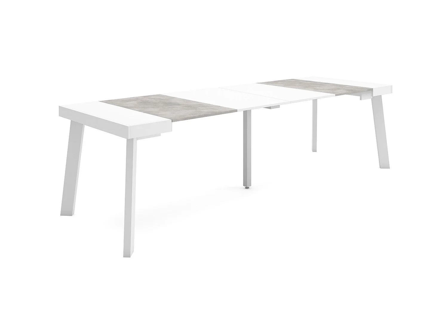 Table console extensible, 262x90x73cm, Pour 12 personnes, Pieds en bois, Blanc et ciment