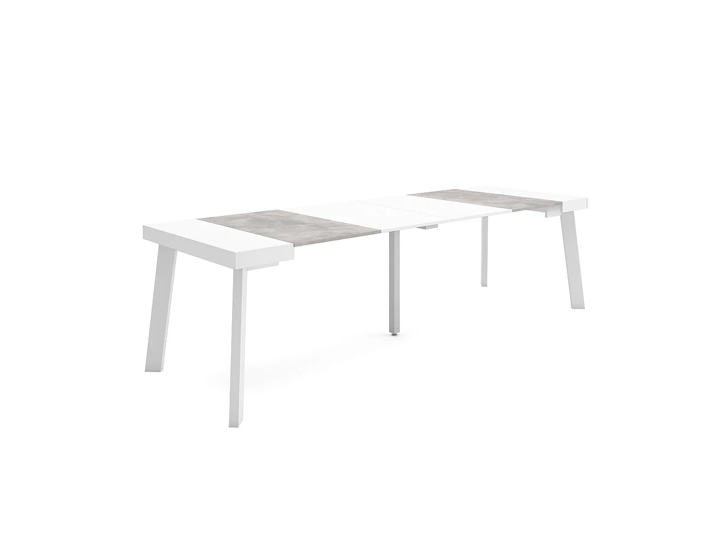 Table console extensible, 262x90x73cm, Pour 12 personnes, Pieds en bois, Blanc et ciment