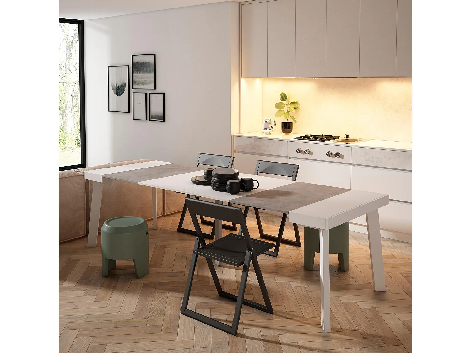 Table console extensible, 262x90x73cm, Pour 12 personnes, Pieds en bois, Blanc et ciment