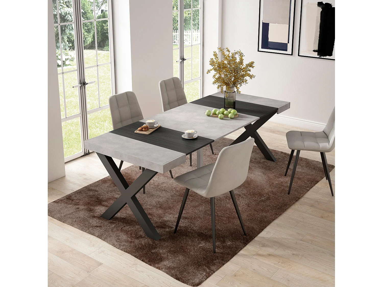 Uitschuifbare Consoletafel, 222x90x73cm, Voor 10 personen, Massief houten poten, Cement