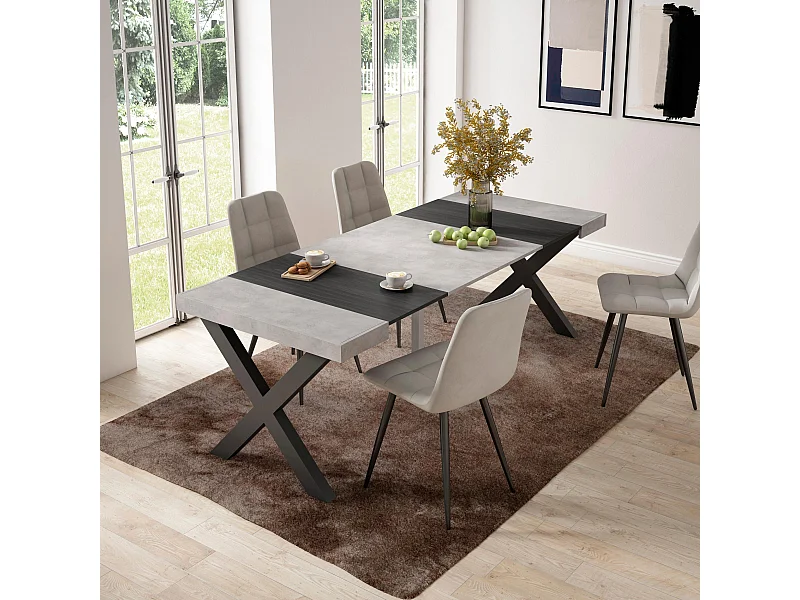 Uitschuifbare Consoletafel, 222x90x73cm, Voor 10 personen, Massief houten poten, Cement
