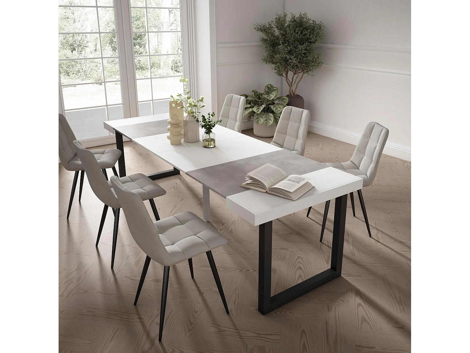 Ausziehbarertisch, 262x90x73cm, Für 12 Gäste, Massivholz Beine, Mattweiß und Zement