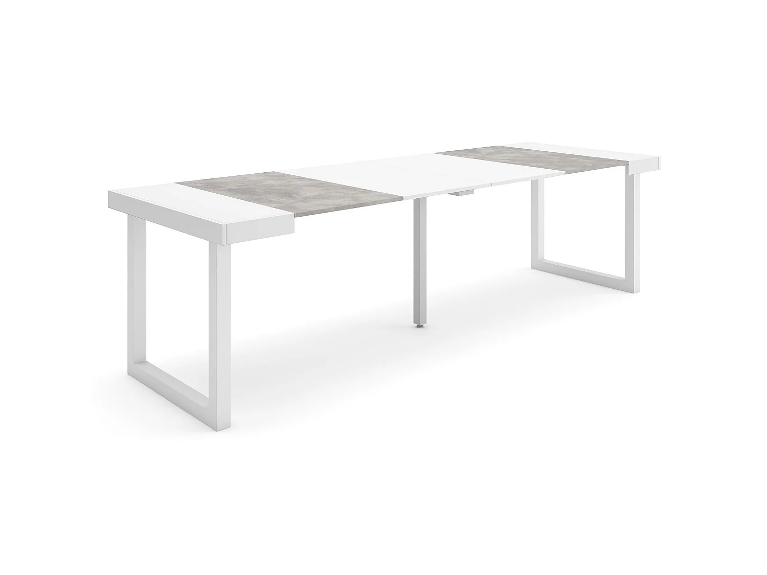 Table console extensible, 262x90x73cm, Pour 12 personnes, Pieds bois massif, Blanc et ciment