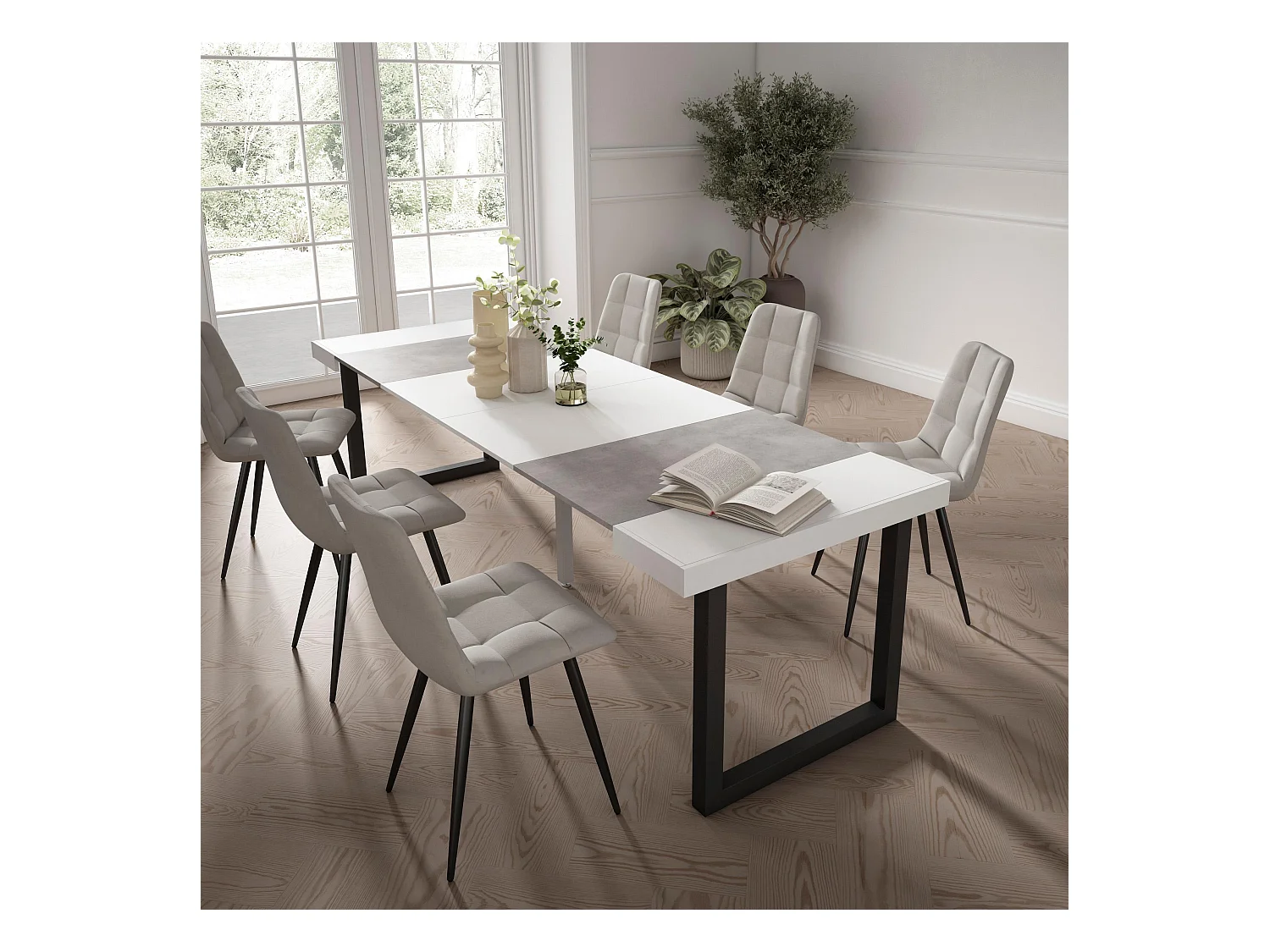 Table console extensible, 262x90x73cm, Pour 12 personnes, Pieds bois massif, Blanc et ciment