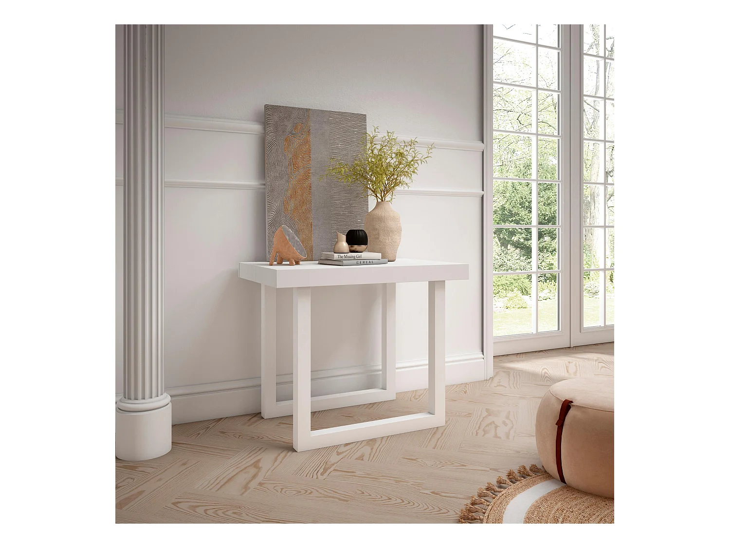 Table console extensible, 262x90x73cm, Pour 12 personnes, Pieds bois massif, Blanc et ciment