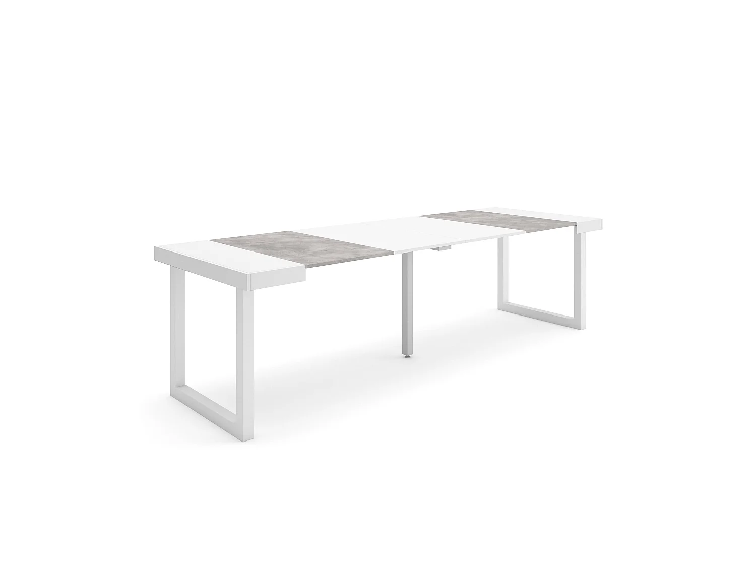 Table console extensible, 262x90x73cm, Pour 12 personnes, Pieds bois massif, Blanc et ciment