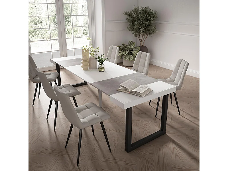 Mesa Consola Extensível, 262x90x73cm, Para 12 pessoas, Pés de madeira, Branco e cinzento