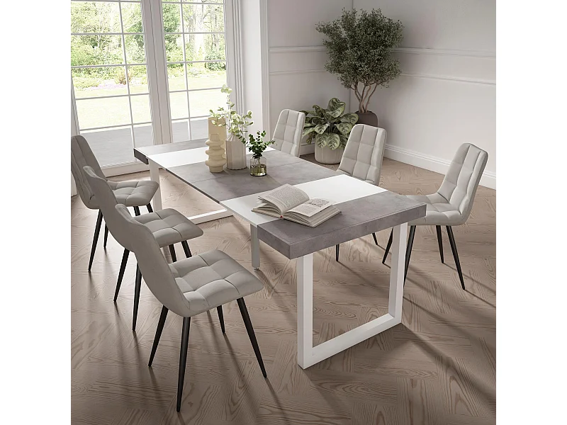 Uitschuifbare Consoletafel, 222x90x73cm, Voor 10 personen, Massief houten poten, Wit en Cement