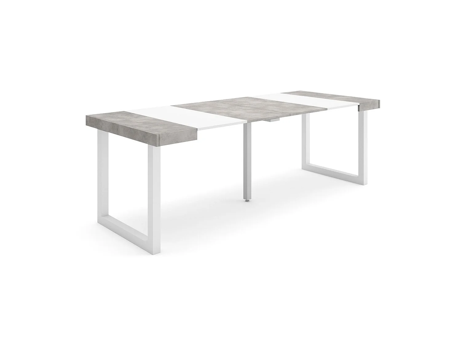 Uitschuifbare Consoletafel, 222x90x73cm, Voor 10 personen, Massief houten poten, Wit en Cement