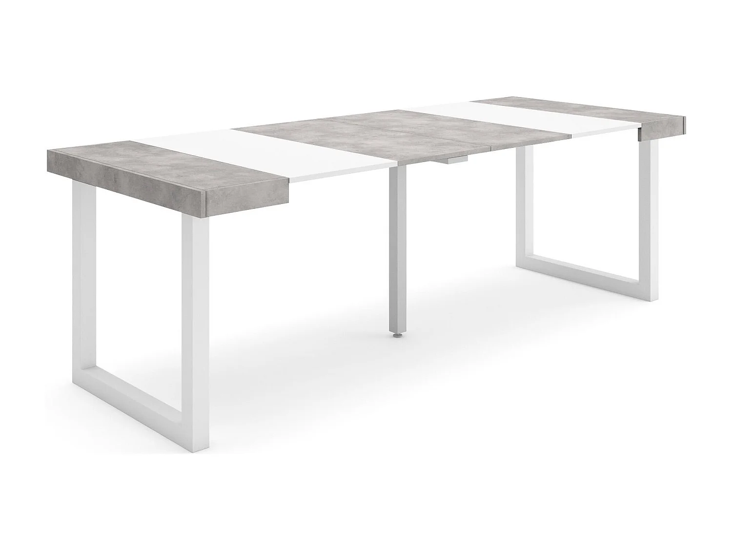Table console extensible, 222x90x73cm, Pour 10 personnes, Pieds bois massif, Blanc et ciment