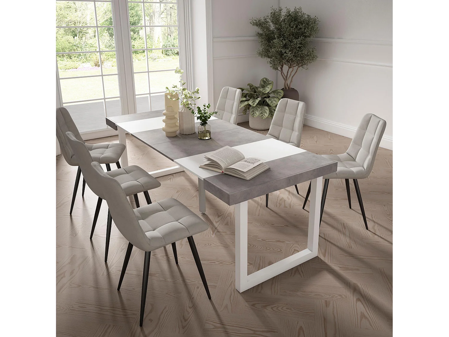 Table console extensible, 222x90x73cm, Pour 10 personnes, Pieds bois massif, Blanc et ciment