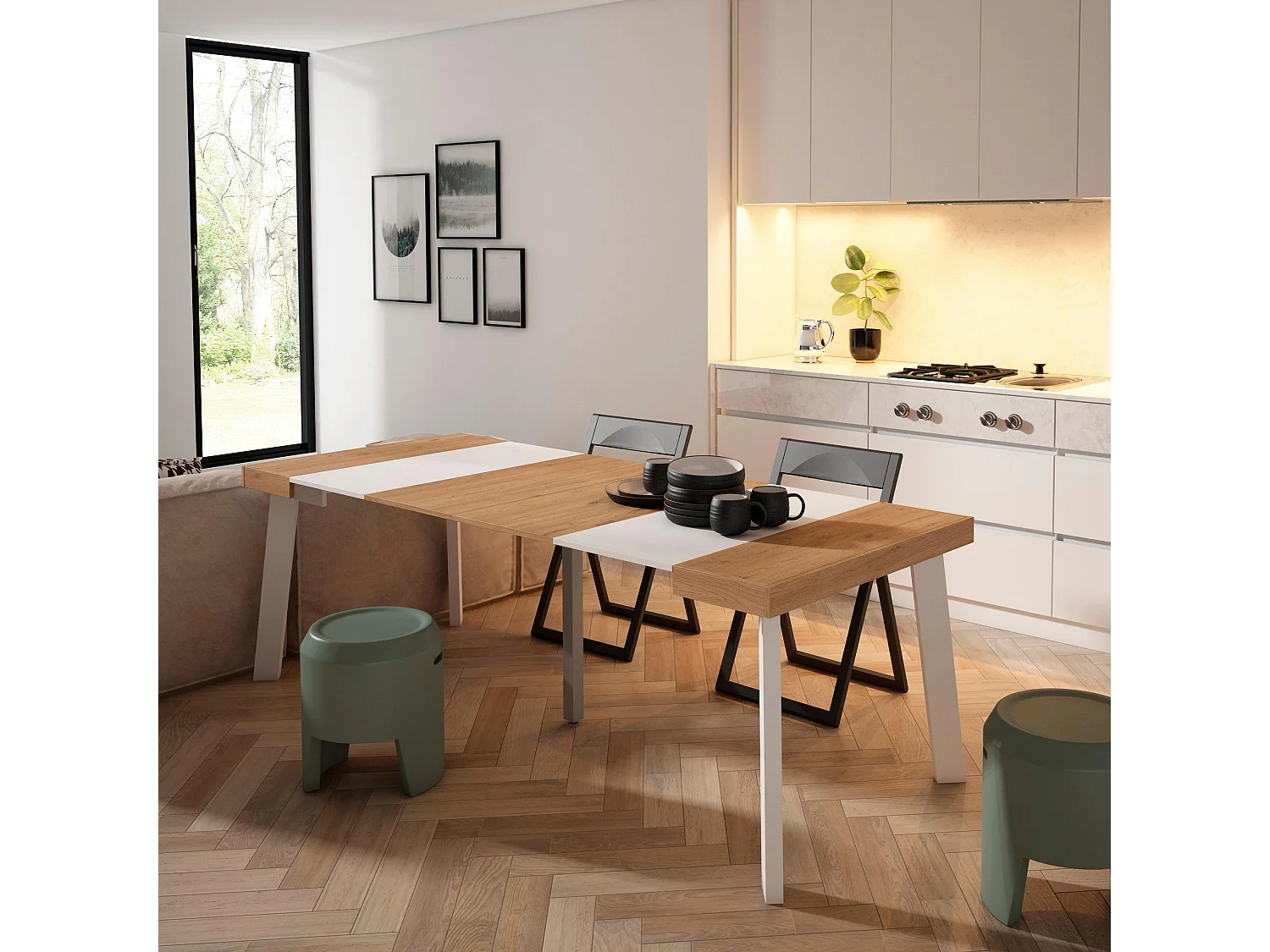 Table console extensible, 222x90x73cm, Pour 10 personnes, Pieds en bois, Chêne et blanc