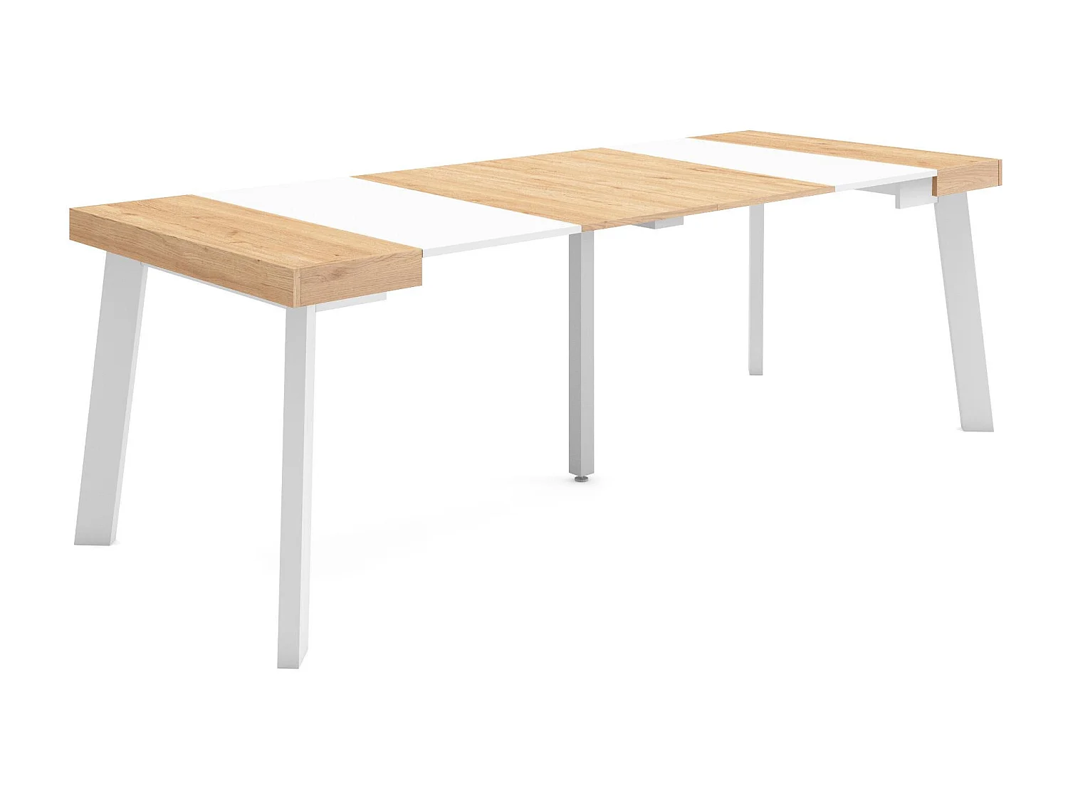 Table console extensible, 222x90x73cm, Pour 10 personnes, Pieds en bois, Chêne et blanc