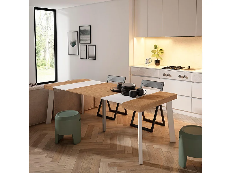Table console extensible, 222x90x73cm, Pour 10 personnes, Pieds en bois, Chêne et blanc