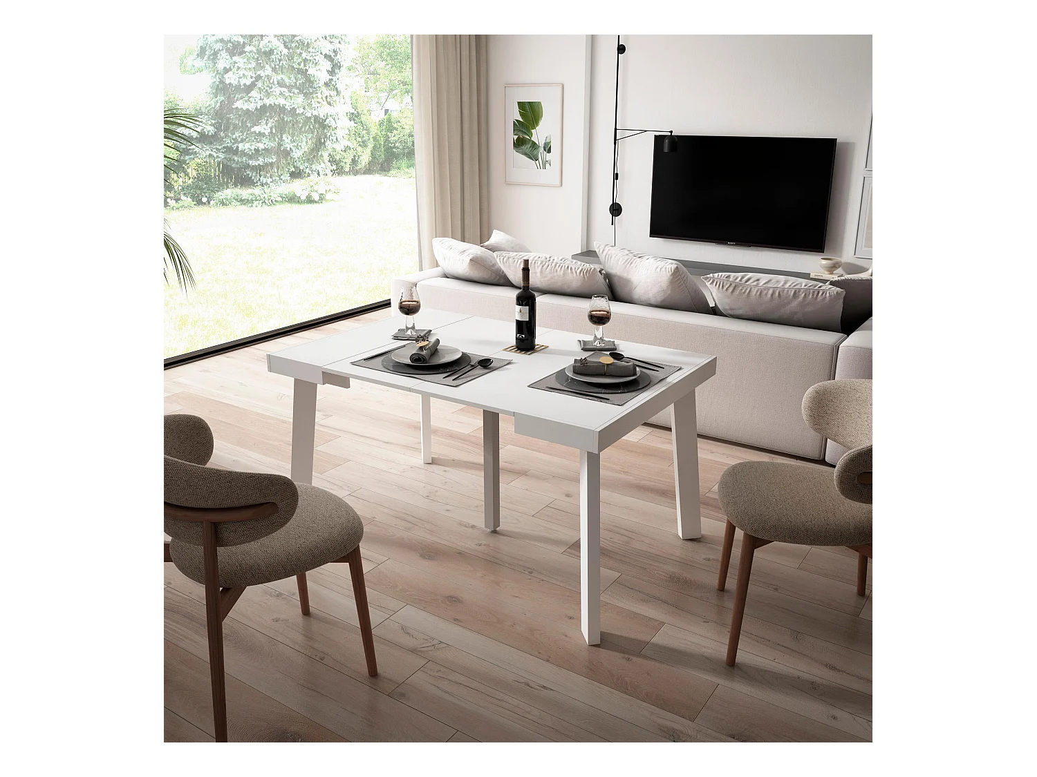 Table console extensible, 140x90x73cm, Pour 6 personnes, Pieds en bois, Blanc