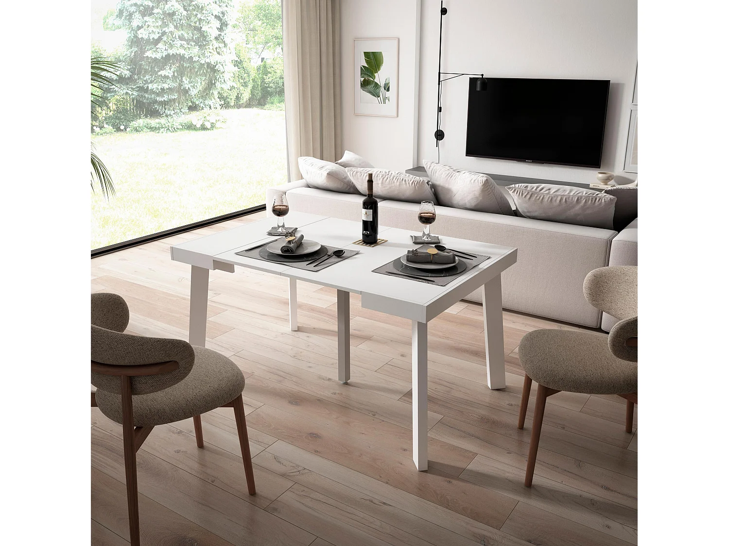 Table console extensible, 140x90x73cm, Pour 6 personnes, Pieds en bois, Blanc