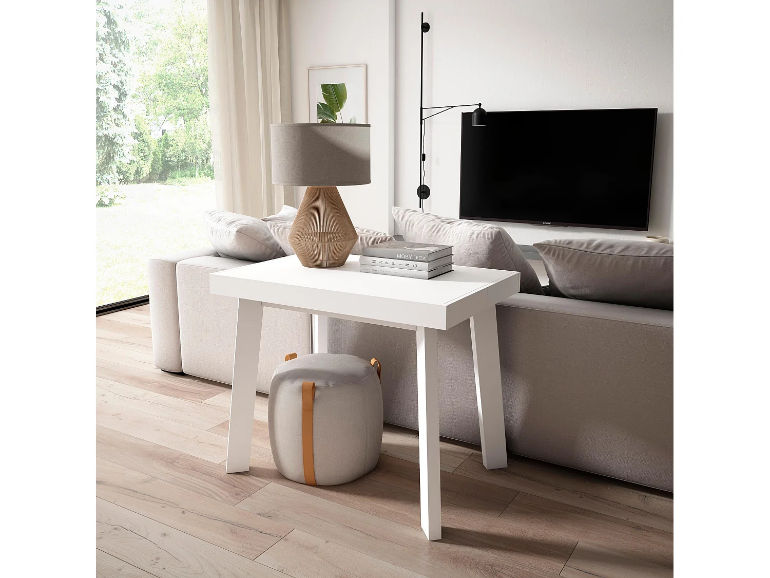 Table console extensible, 140x90x73cm, Pour 6 personnes, Pieds en bois, Blanc