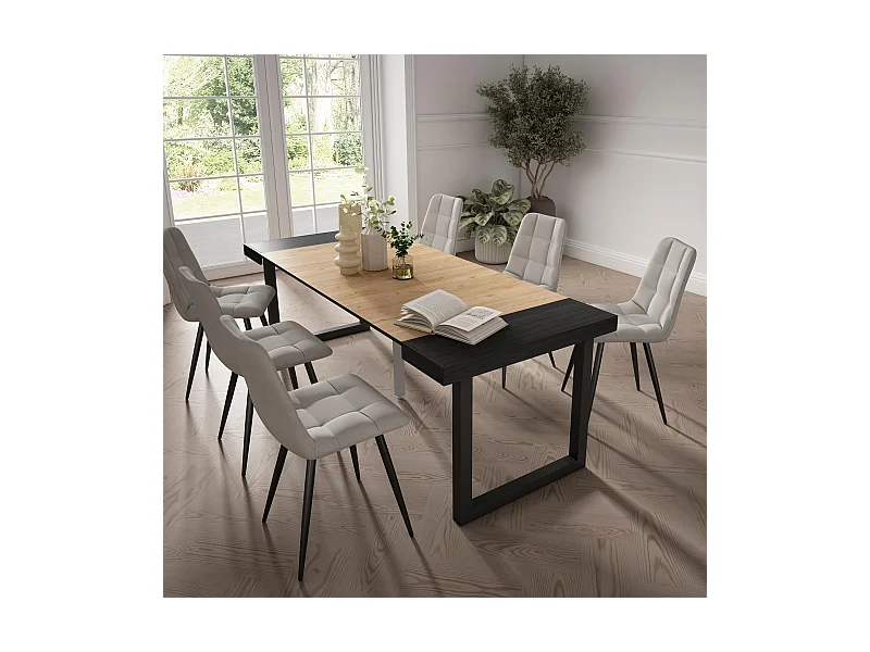 Ausziehbarertisch, 222x90x73cm, Für 10 Gäste, Massivholz Beine, Schwarz Eiche