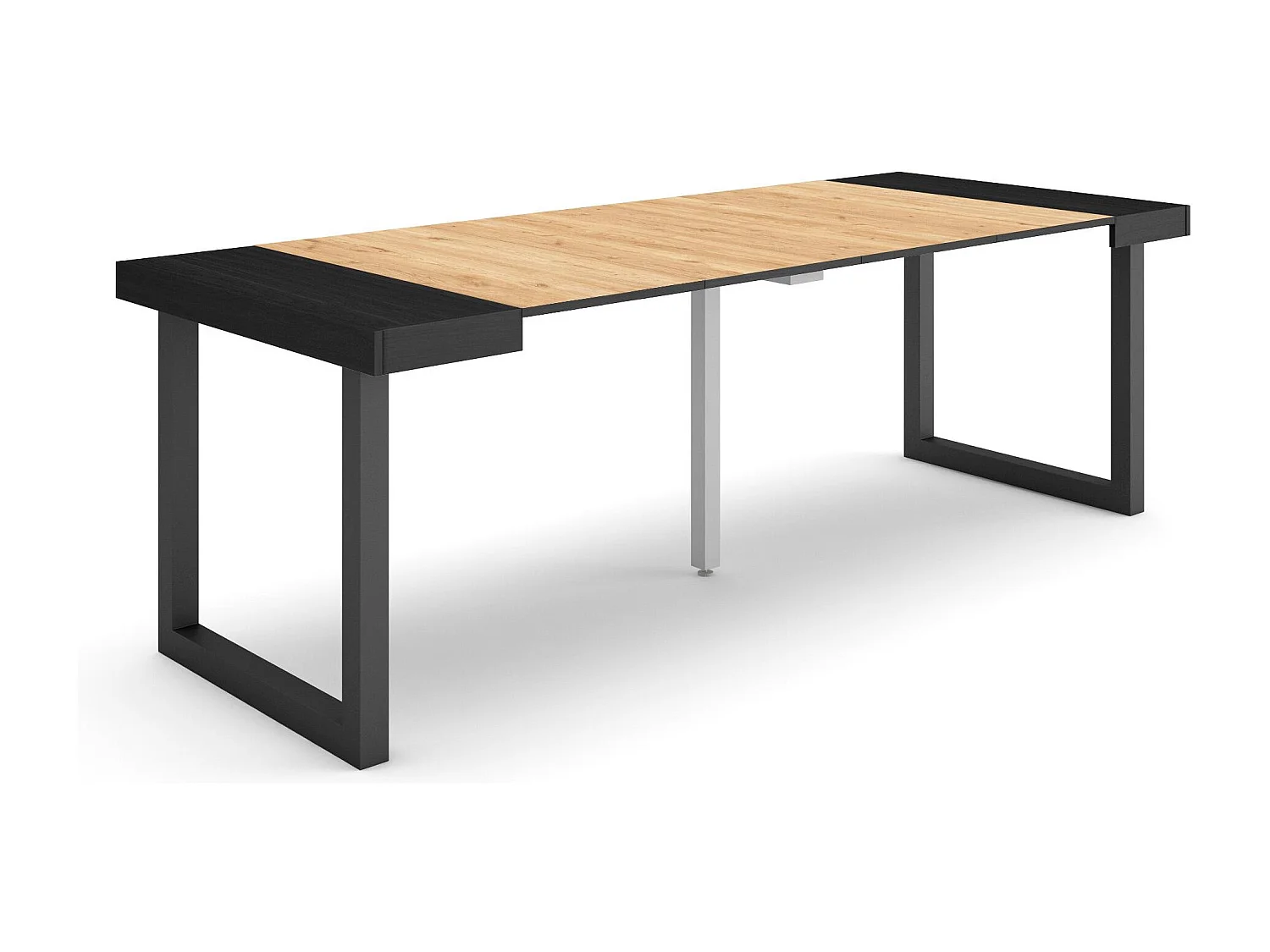 Mesa Consola extensible, 222x90x73cm, Para 10 comensales, Patas madera maciza, Negro y roble