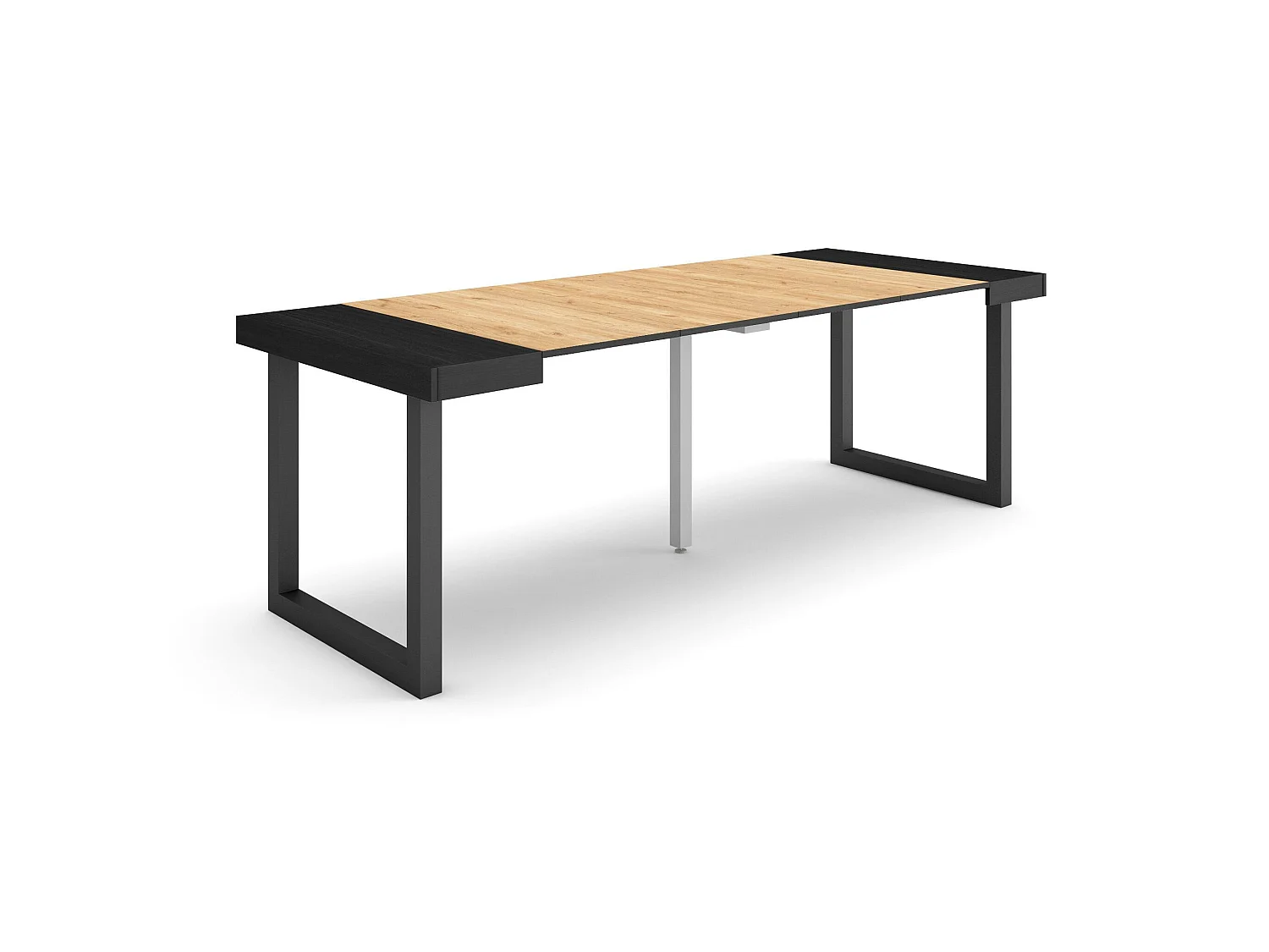 Table console extensible, 222x90x73cm, Pour 10 personnes, Pieds bois massif, Noir et chêne