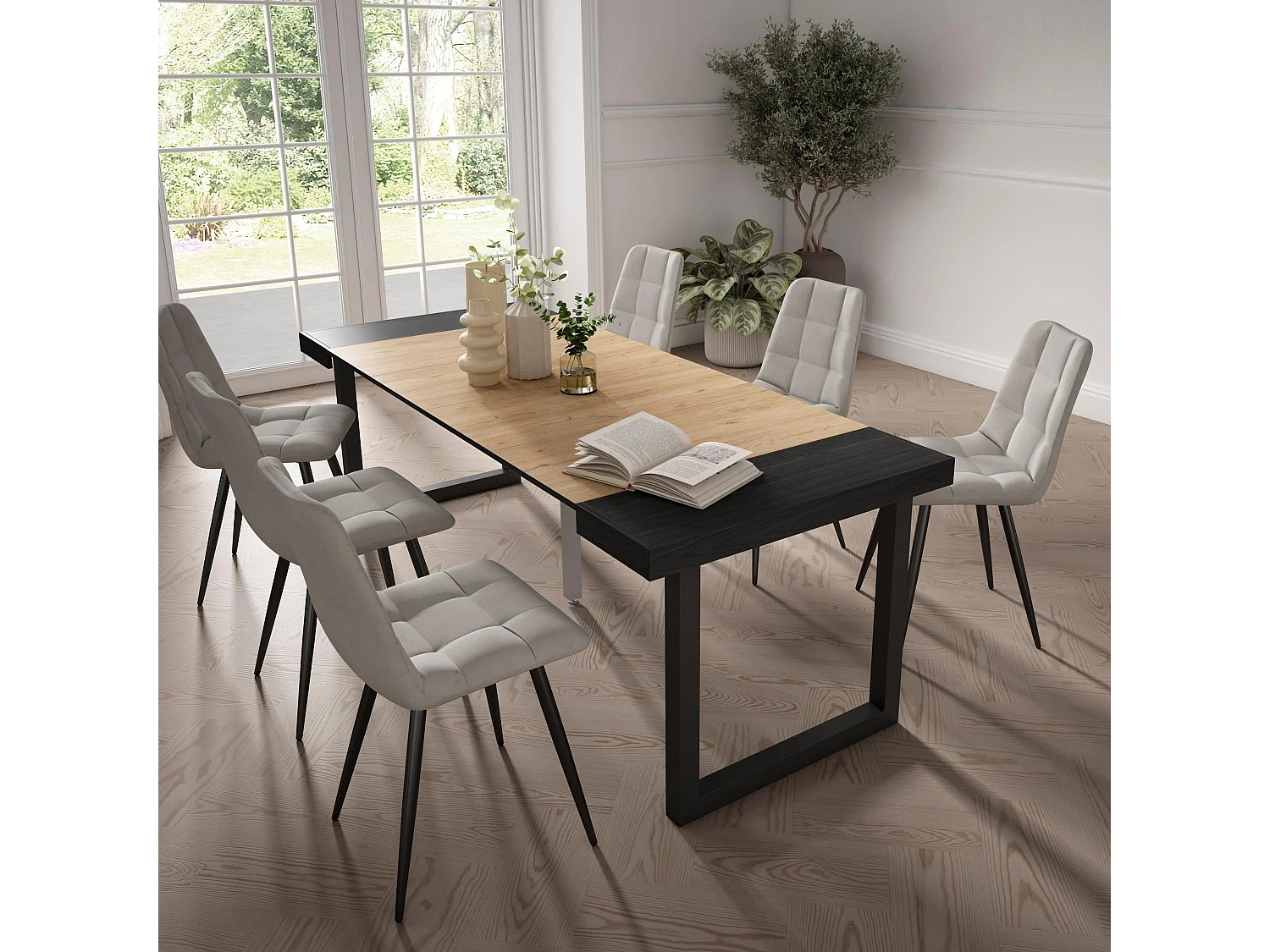 Uitschuifbare Consoletafel, 222x90x73cm, Voor 10 personen, Massief houten poten, Zwart/Eiken