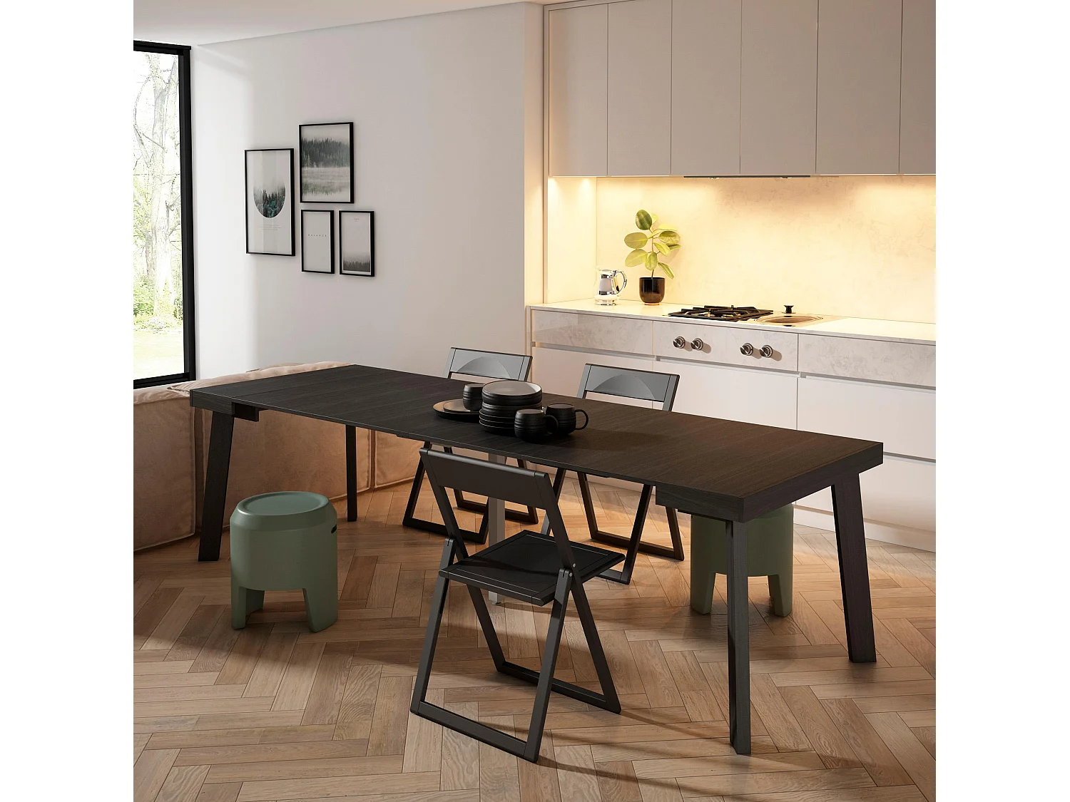 Table console extensible, 262x90x73cm, Pour 12 personnes, Pieds en bois, Noir