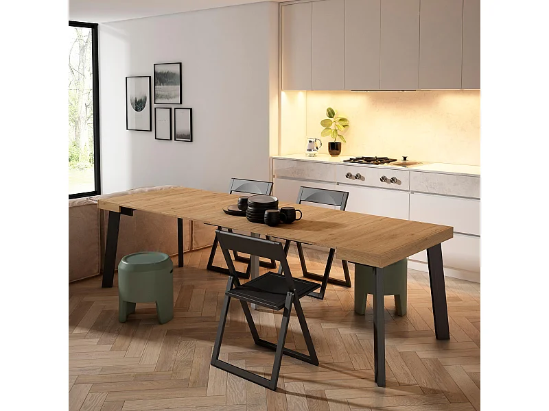 Uitschuifbare Consoletafel, 262x90x73cm, Voor 12 personen, Houten poten, Eiken