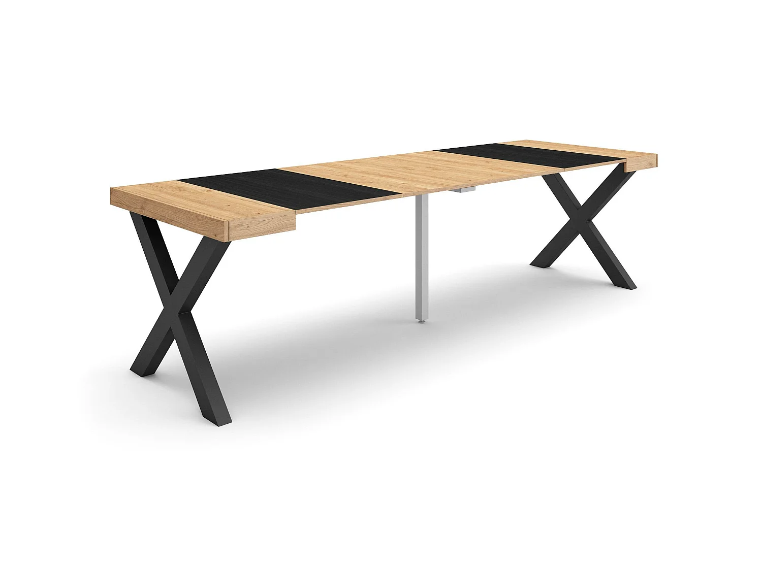 Uitschuifbare Consoletafel, 262x90x73cm, Voor 12 personen, Massief houten poten, Eiken/Zwart