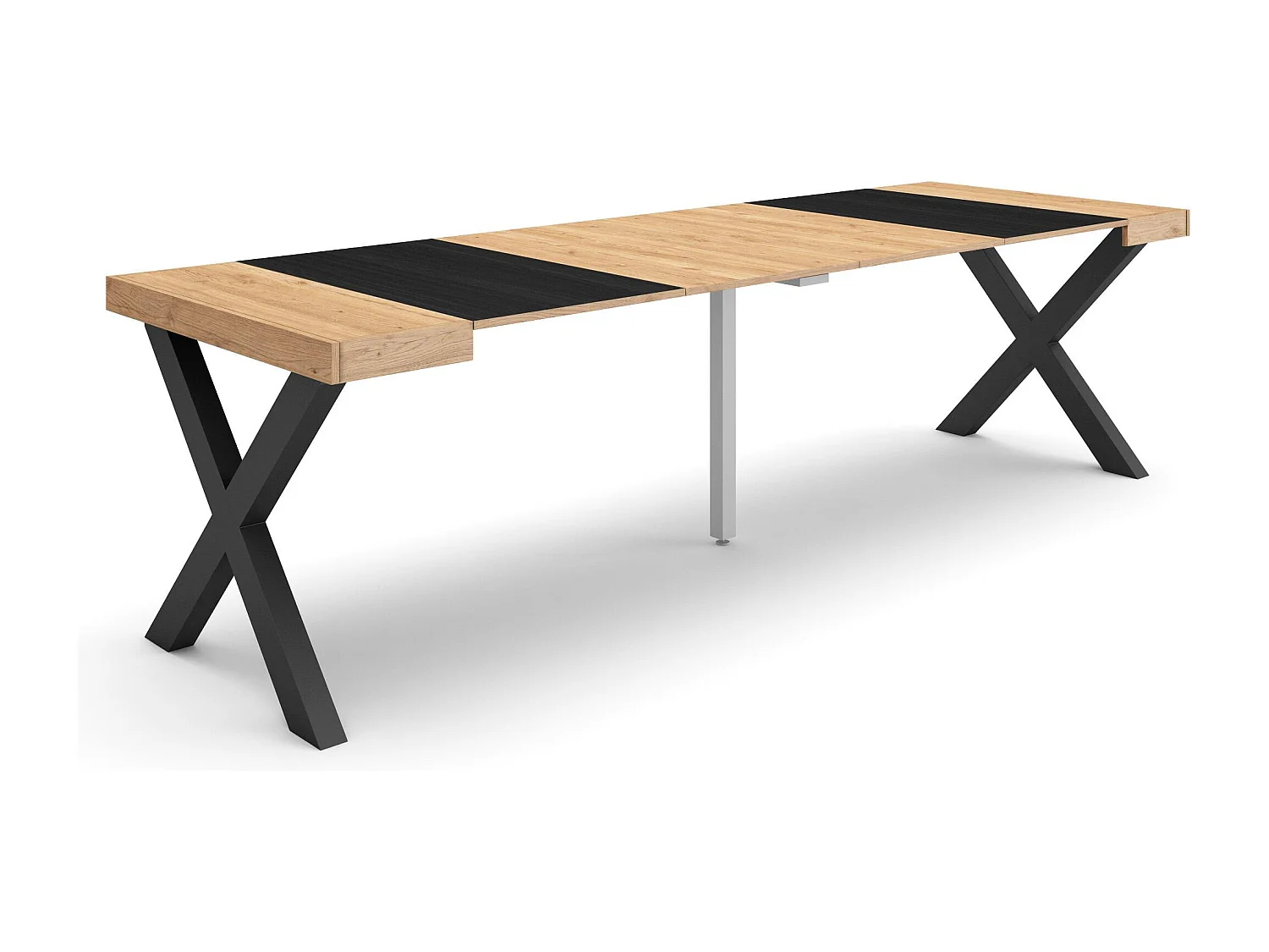 Table console extensible, 262x90x73cm, Pour 12 personnes, Pieds bois massif, Chêne et noir
