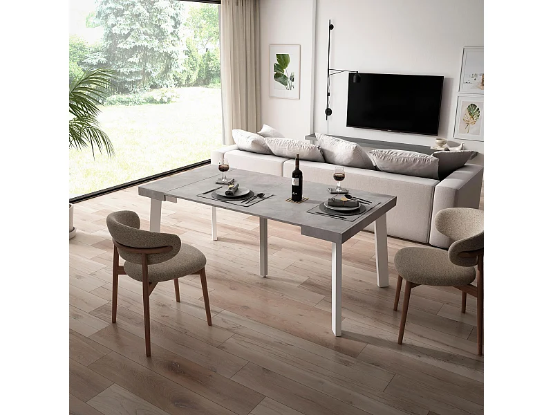 Uitschuifbare Consoletafel, 180x90x73cm, Voor 8 personen, Houten poten, Cement