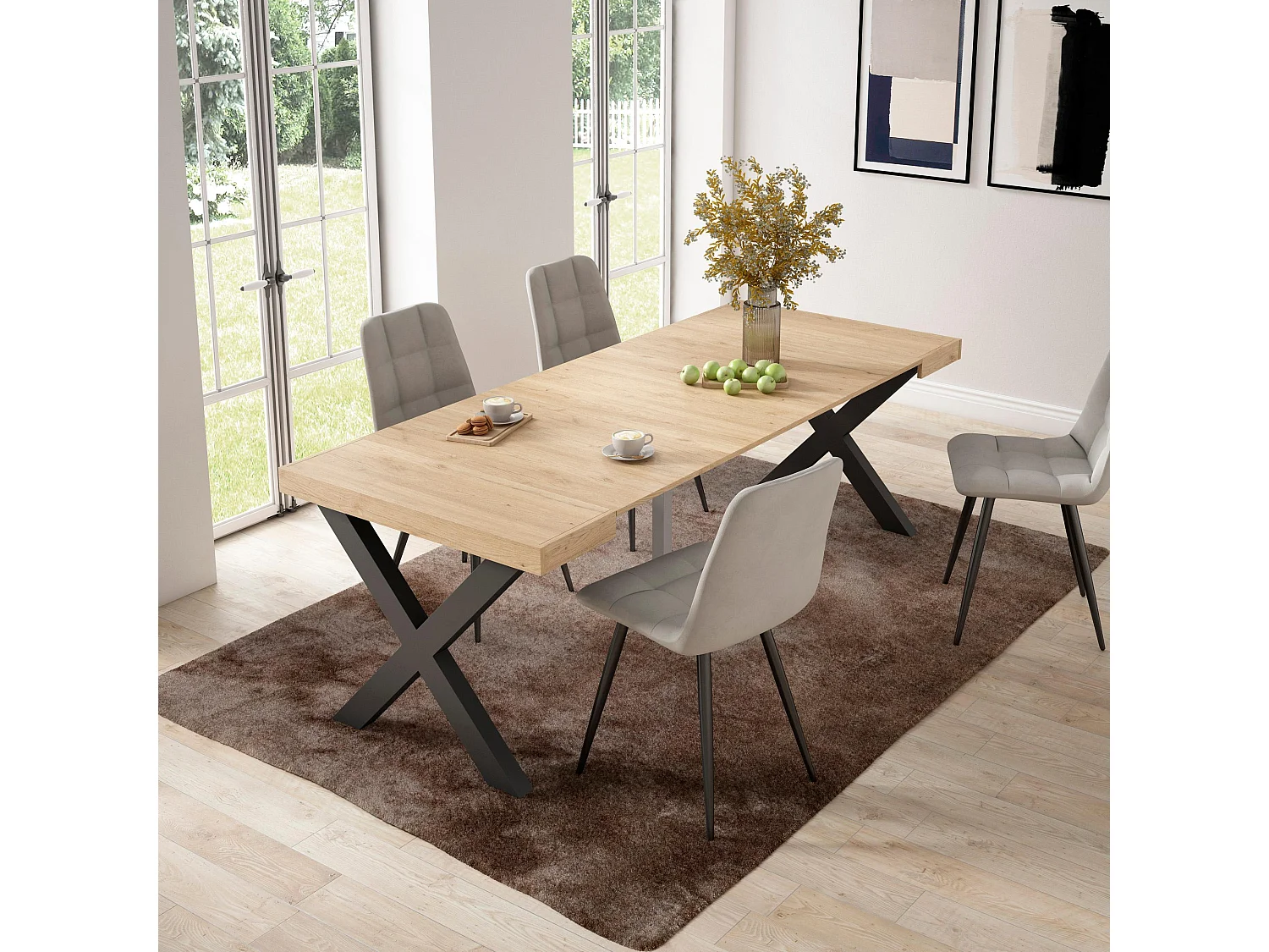 Table console extensible, 222x90x73cm, Pour 10 personnes, Pieds bois massif, Chêne