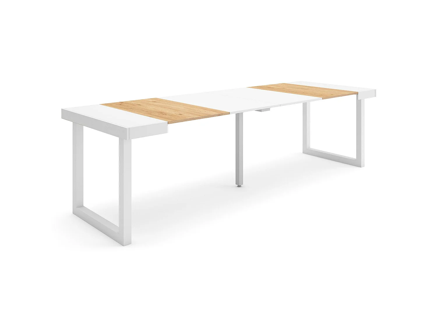 Table console extensible, 262x90x73cm, Pour 12 personnes, Pieds bois massif, Chêne et blanc