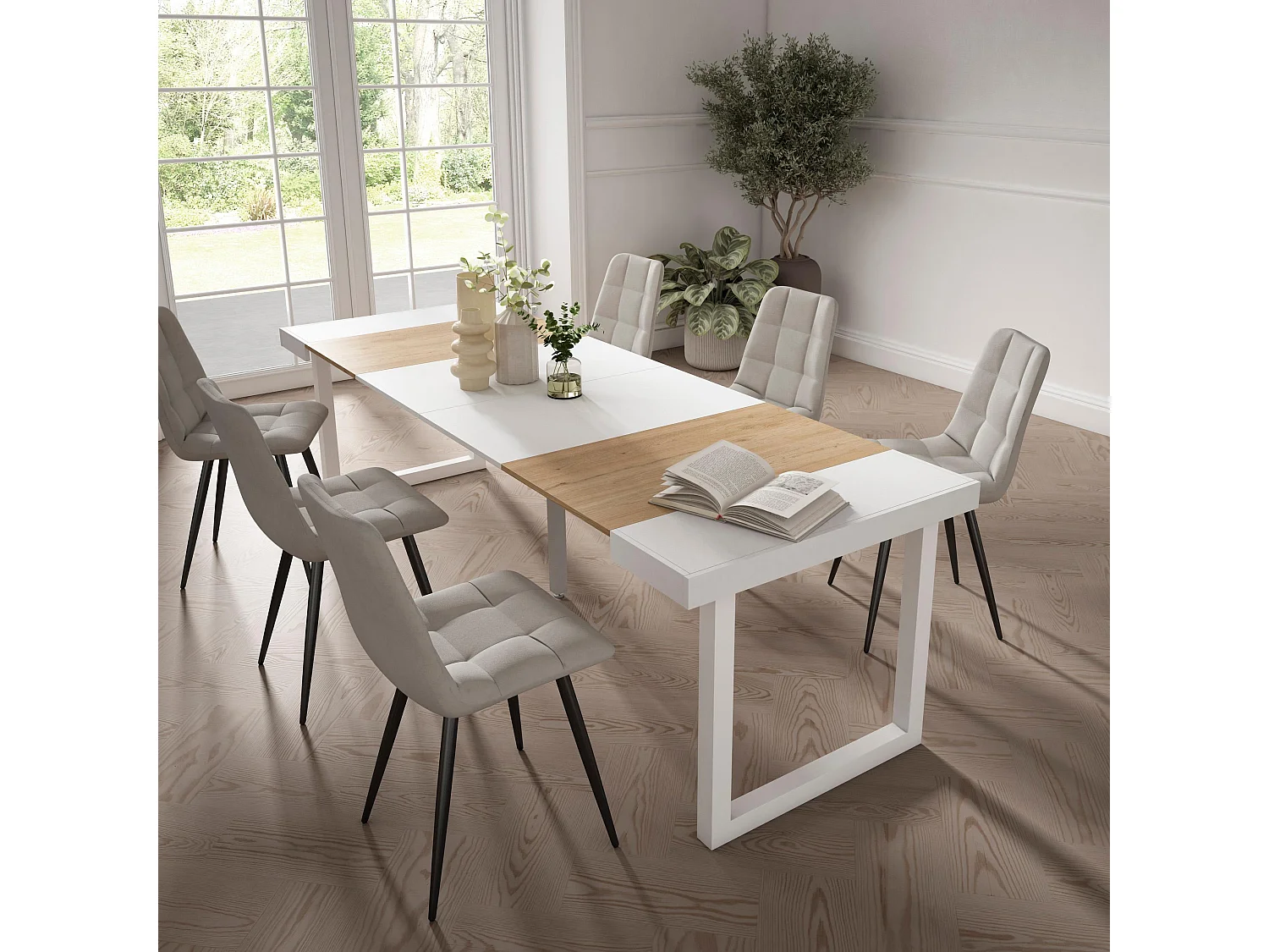 Table console extensible, 262x90x73cm, Pour 12 personnes, Pieds bois massif, Chêne et blanc