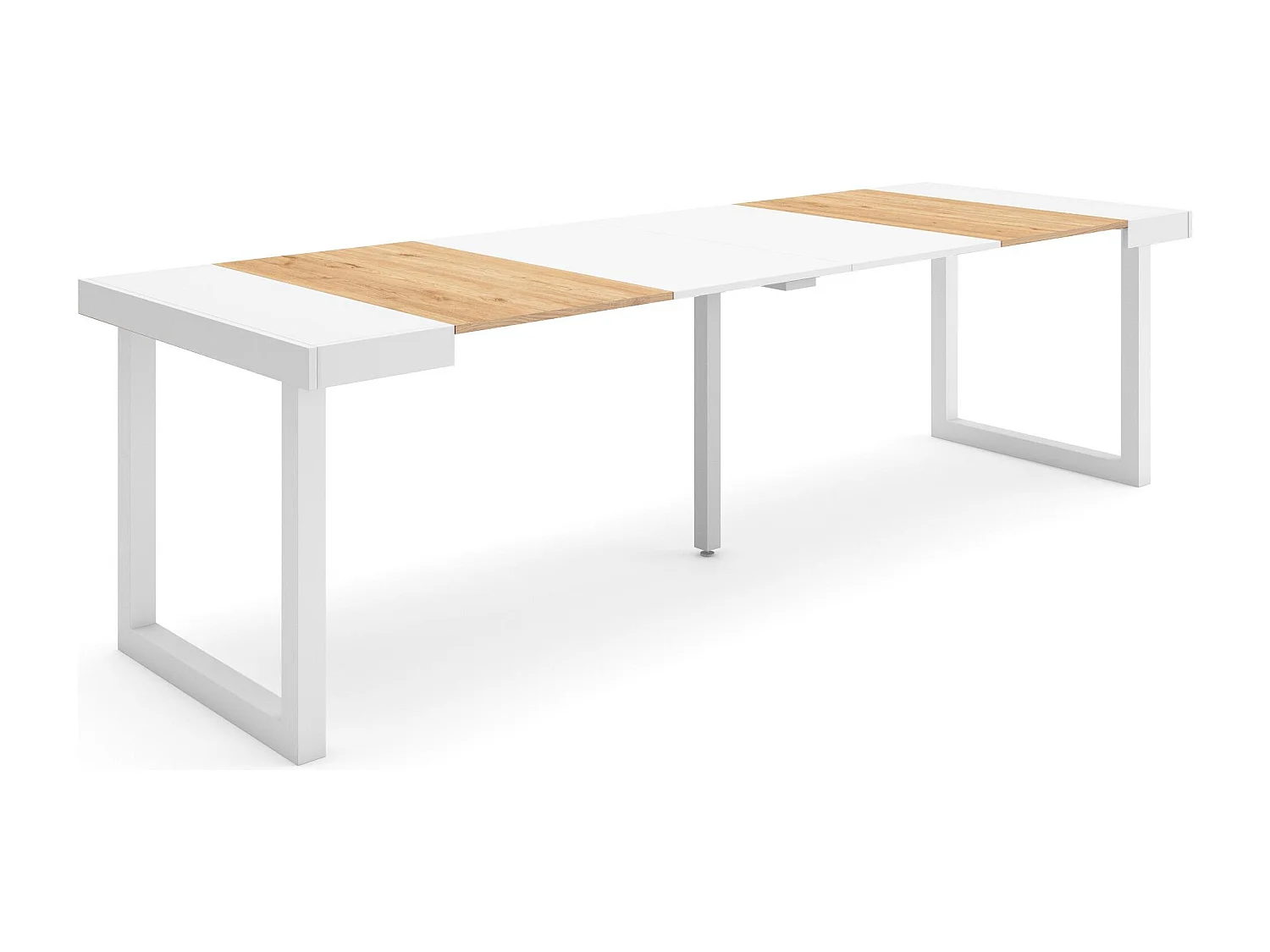 Table console extensible, 262x90x73cm, Pour 12 personnes, Pieds bois massif, Chêne et blanc
