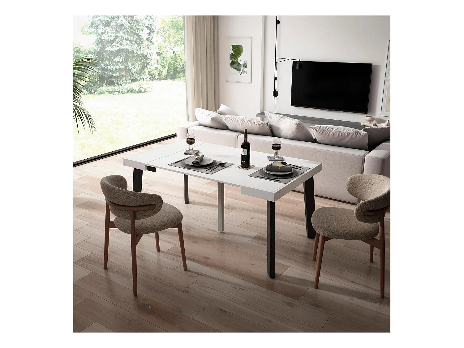 Consolle allungabile, 160x90x73cm, Per 8 persone, Gambe in legno, Bianco