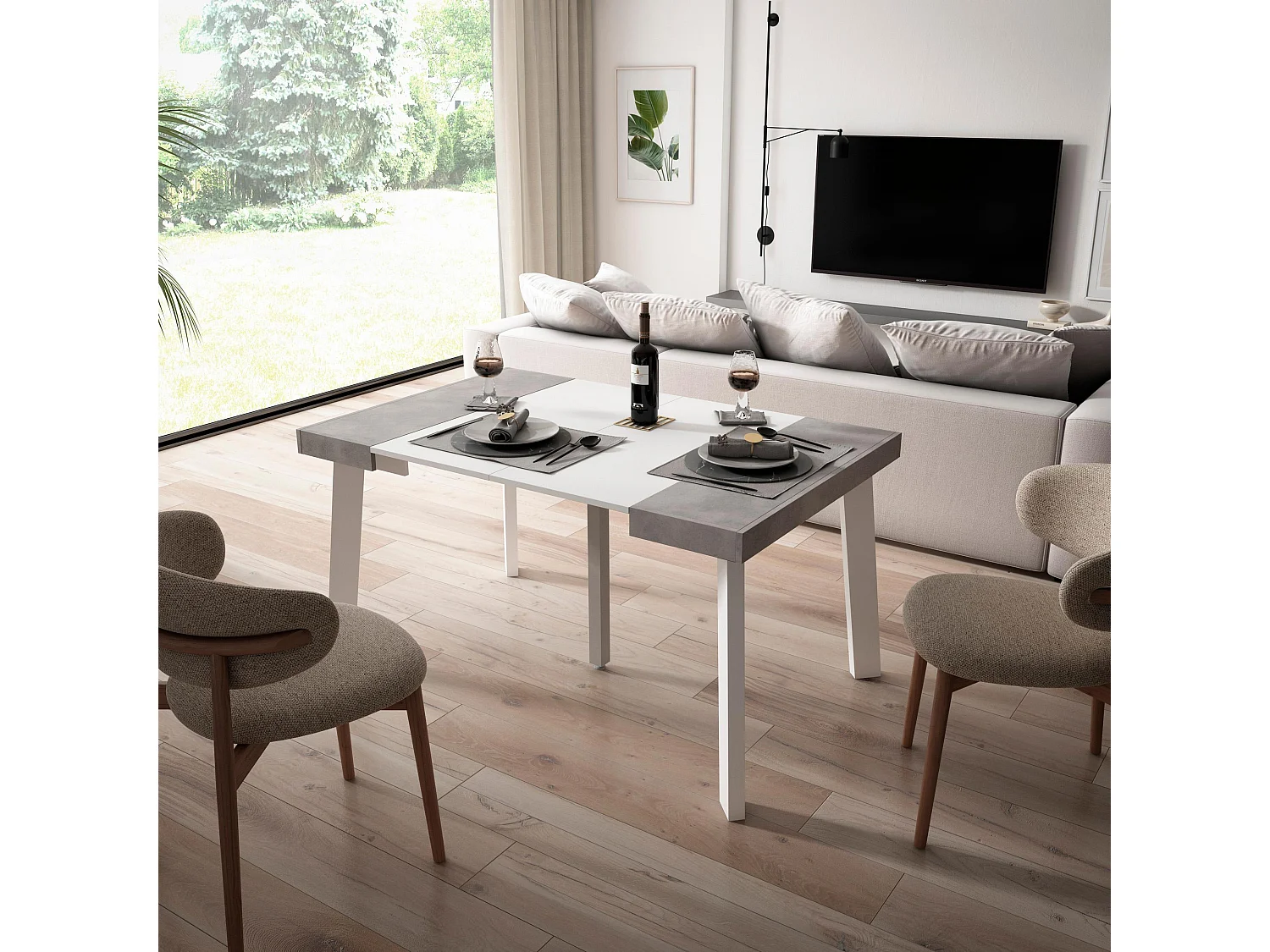 Table console extensible, 140x90x73cm, Pour 6 personnes, Pieds en bois, Blanc et ciment