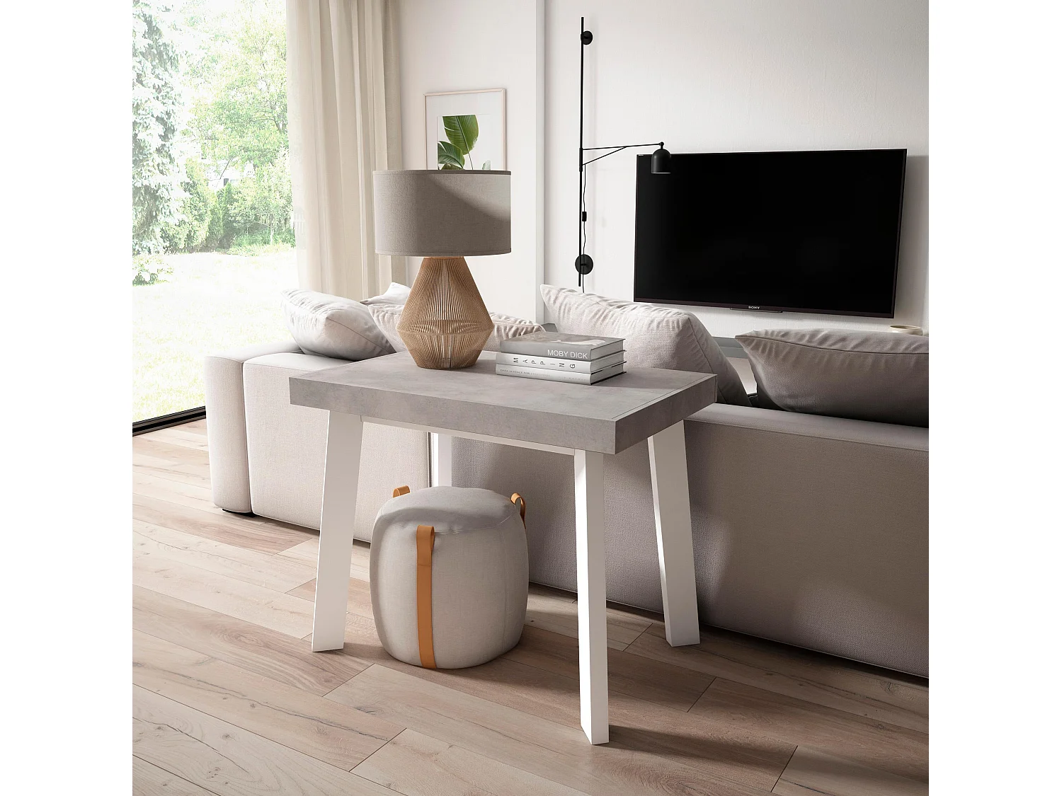 Table console extensible, 140x90x73cm, Pour 6 personnes, Pieds en bois, Blanc et ciment