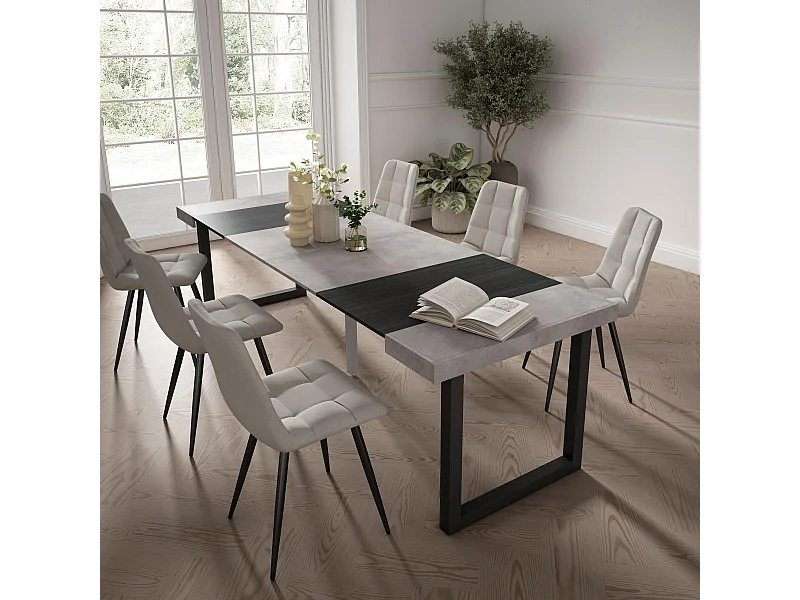 Ausziehbarertisch, 262x90x73cm, Für 12 Gäste, Massivholz Beine, Zement