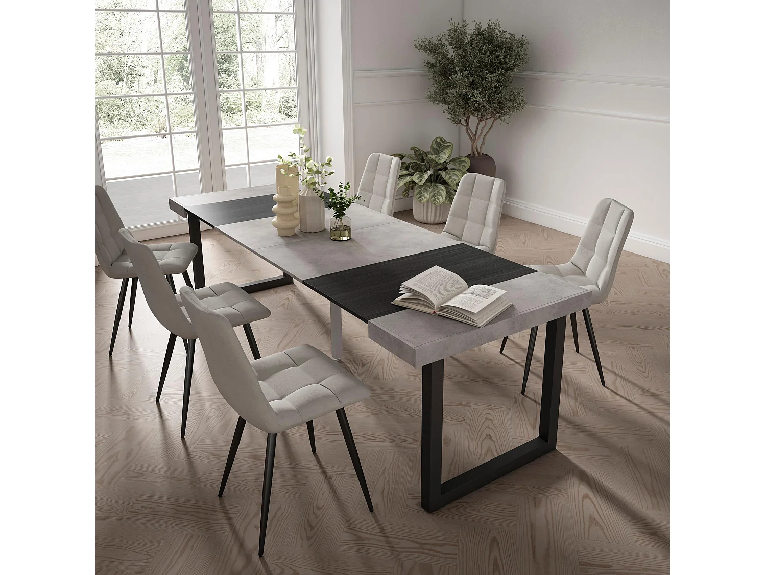 Ausziehbarertisch, 262x90x73cm, Für 12 Gäste, Massivholz Beine, Zement