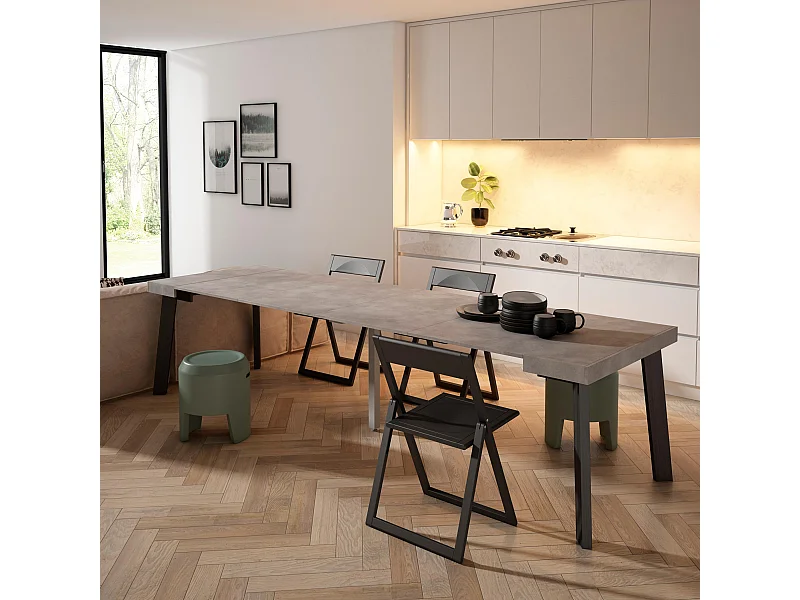 Uitschuifbare Consoletafel, 302x90x73cm, Voor 14 personen, Houten poten, Cement