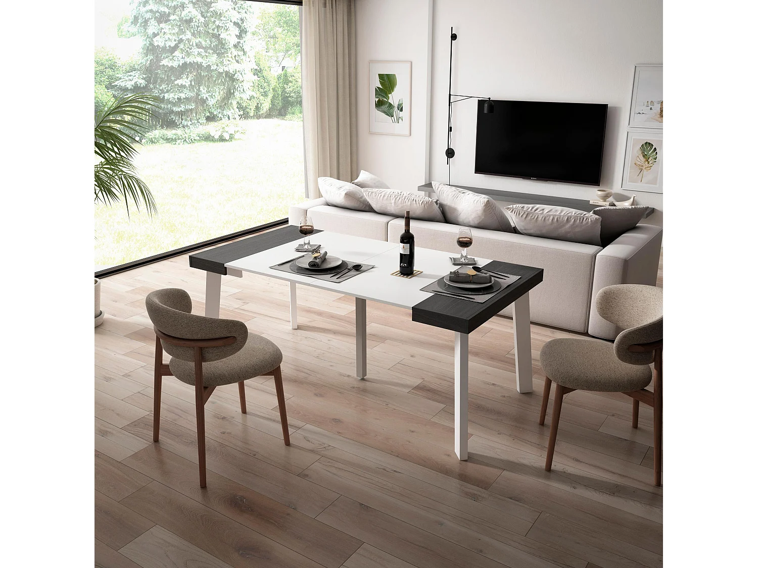 Table console extensible, 180x90x73cm, Pour 8 personnes, Pieds en bois, Blanc et noir