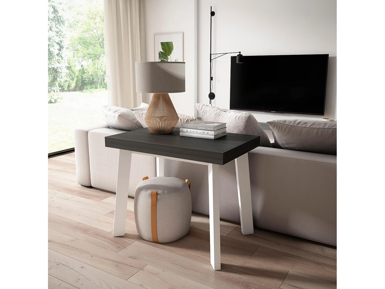 Table console extensible, 180x90x73cm, Pour 8 personnes, Pieds en bois, Blanc et noir
