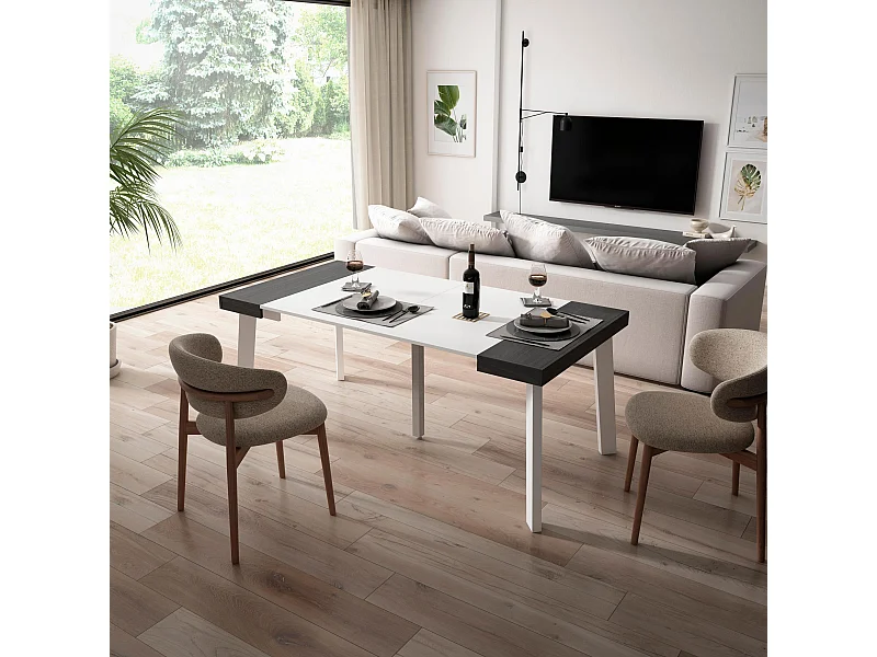 Table console extensible, 180x90x73cm, Pour 8 personnes, Pieds en bois, Blanc et noir