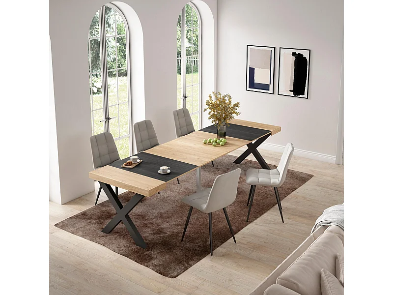 Uitschuifbare Consoletafel, 302x90x73cm, Voor 14 personen, Massief houten poten, Eiken/Zwart