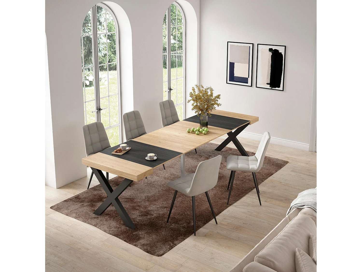 Mesa Consola Extensível, 302x90x73cm, Para 14 pessoas, Pés de madeira, Carvahlo e preto