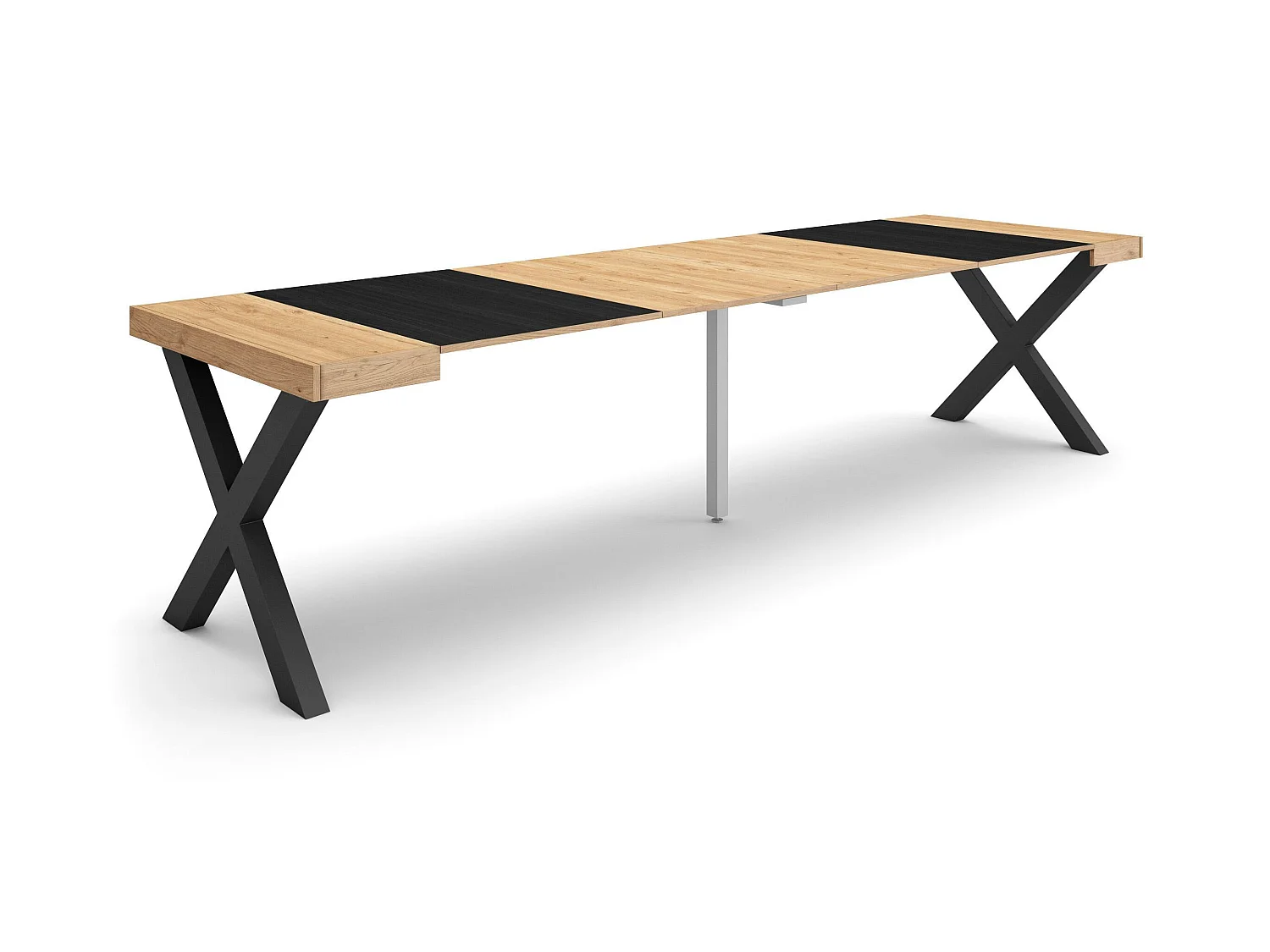 Table console extensible, 302x90x73cm, Pour 14 personnes, Pieds bois massif, Chêne et noir