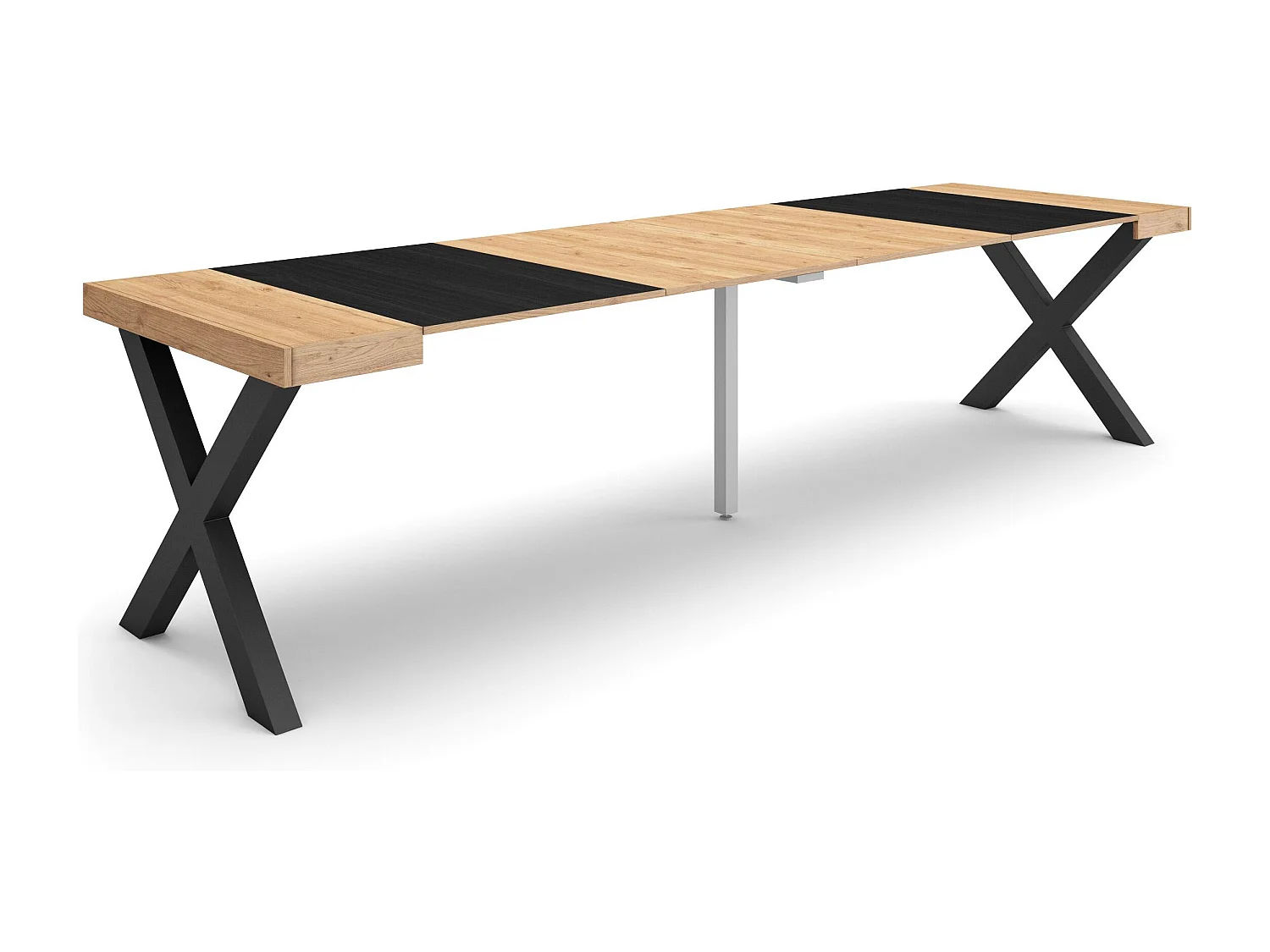 Table console extensible, 302x90x73cm, Pour 14 personnes, Pieds bois massif, Chêne et noir