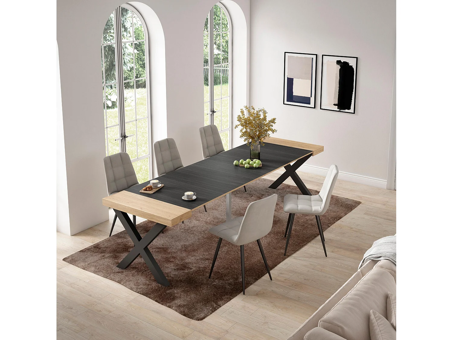 Ausziehbarertisch, 302x90x73cm, Für 14 Gäste, Massivholz Beine, Eiche Schwarz