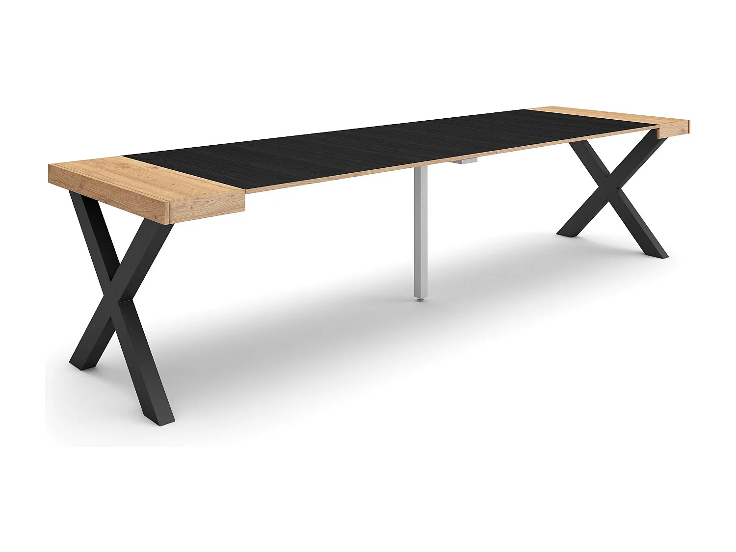 Ausziehbarertisch, 302x90x73cm, Für 14 Gäste, Massivholz Beine, Eiche Schwarz