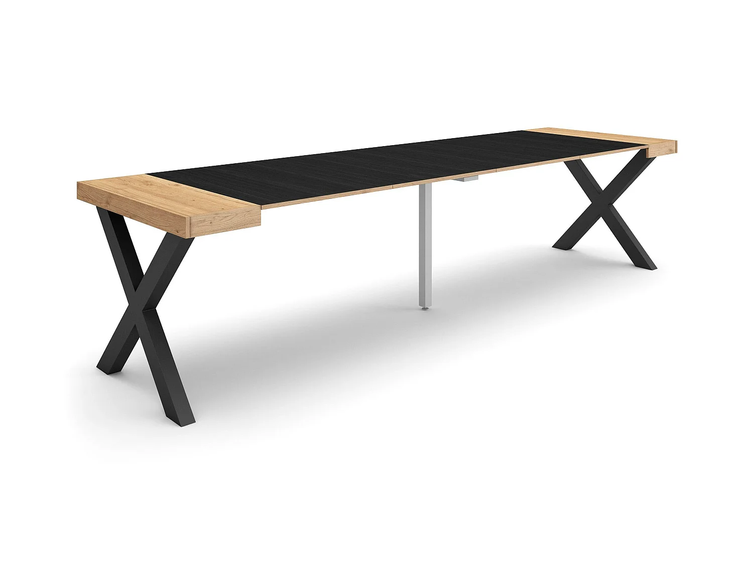 Table console extensible, 302x90x73cm, Pour 14 personnes, Pieds bois massif, Chêne et noir